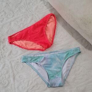2 Bikini Bottoms Bundle - Ocean Waves Pastels Tie Dye & Bold Boho Coral Lace